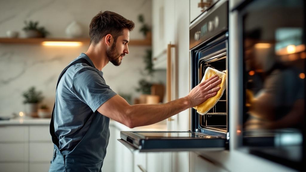 Elestri professional finalizing premium oven cleaning in a Carmel Valley home